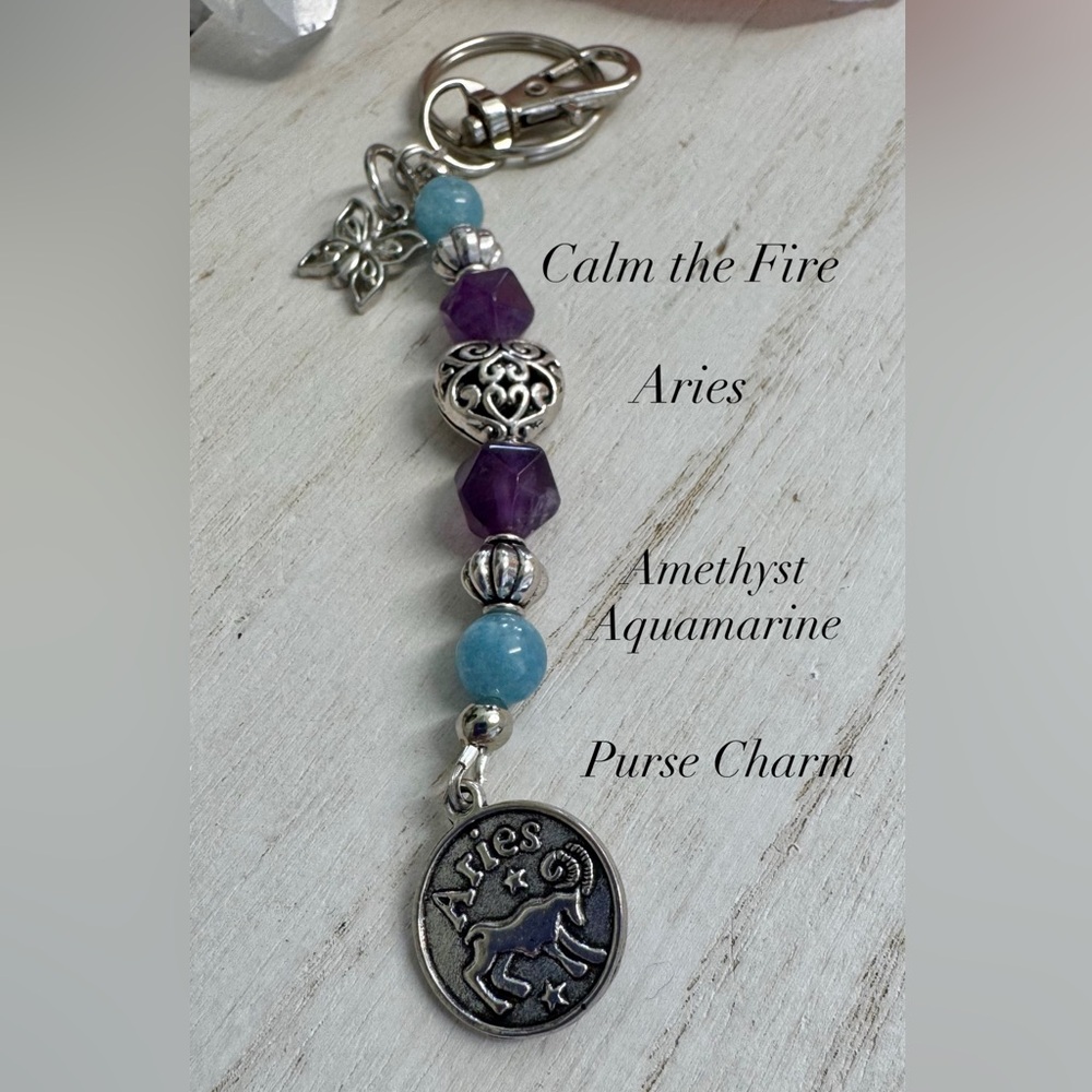 2/$40 Amethyst & Aquamarine Aries Gemstone Purse Charm Keychain